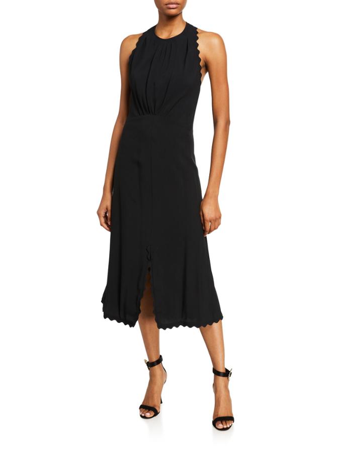 Sleeveless Halter Light-cady Ankle-length Dress W/ Scalloped Edges