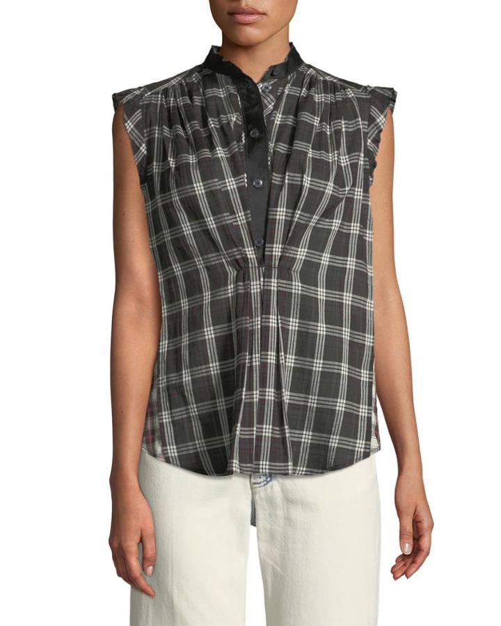 Sleeveless Cap-sleeve Plaid Cotton Top W/ Collar