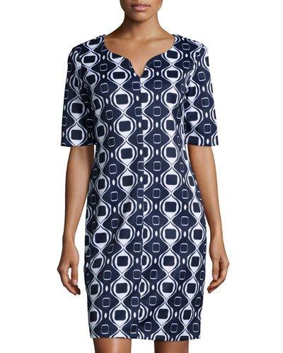 Geometric Print Shift Dress, Navy/white