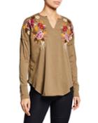 Floral-embroidered Long-sleeve Top