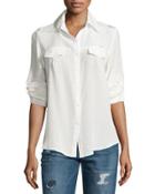 Silk Long-sleeve Button-front Blouse, White