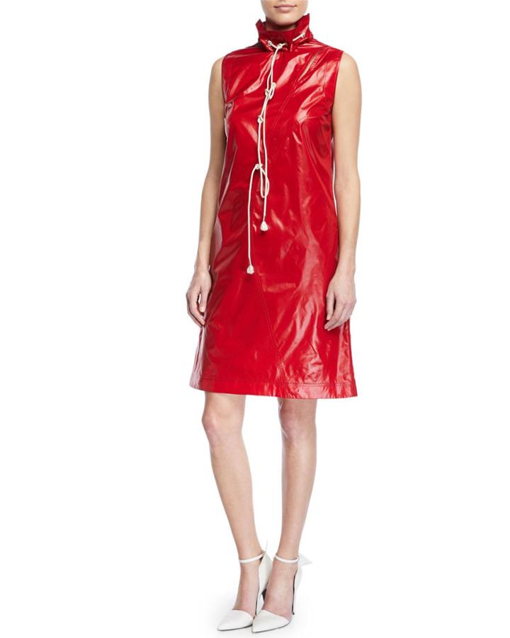 Sleeveless Stand-neck Drawstring Dress W/ Pockets