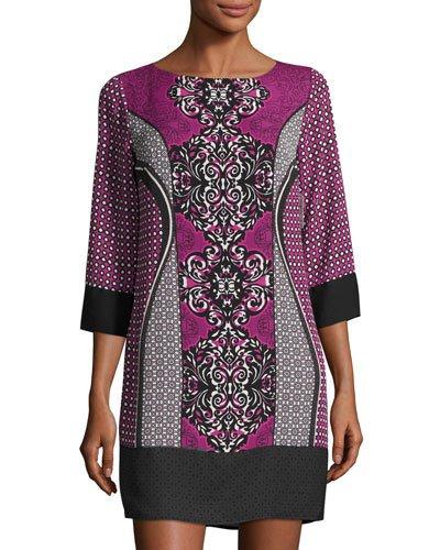 3/4-sleeve Geometric-print Shift Dress,