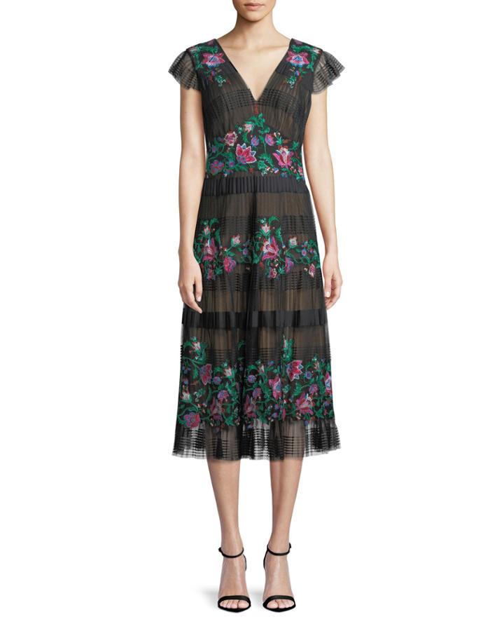 Striped Floral Embroidered V-neck Cocktail Dress