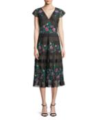 Striped Floral Embroidered V-neck Cocktail Dress