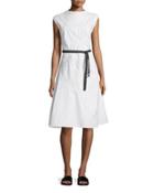 Cap-sleeve A-line Sailcloth Dress, White