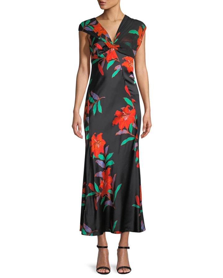 Floral Silk Asymmetric-sleeve Knotted Dress