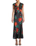 Floral Silk Asymmetric-sleeve Knotted Dress