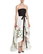 Strapless Ribbon-belt Botanical-embroidered High-low Evening Gown