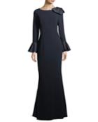 Trumpet-sleeve Crepe Column Evening Gown W/ Bow