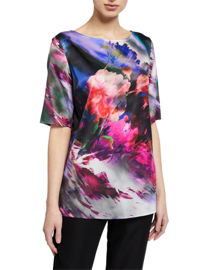 Floralscape Printed Short-sleeve Charmeuse Top