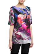 Floralscape Printed Short-sleeve Charmeuse Top