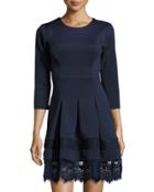 3/4-sleeve Round-neck Lace-trim Dress