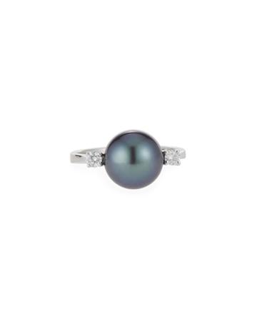 18k White Gold Black Pearl & 2-diamond Ring,