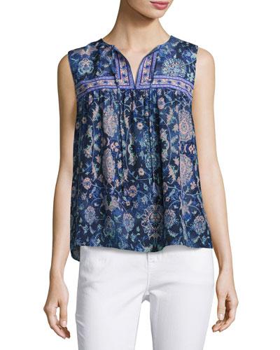 Dreamweaver Sleeveless Silk Top, Blue Pattern