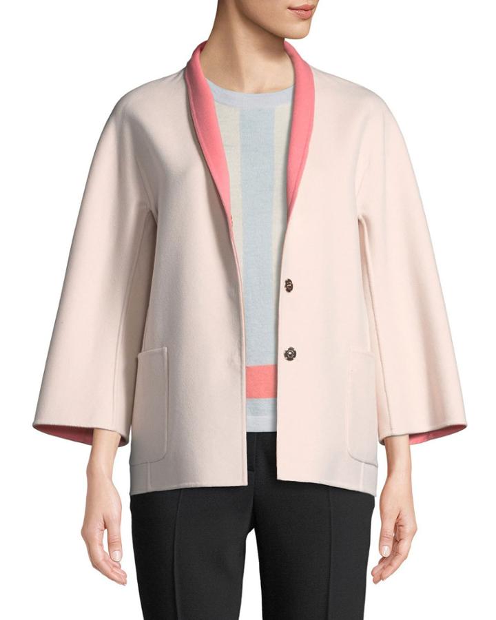 Snap-front Long-sleeve Reversible Wool-cashmere Coat