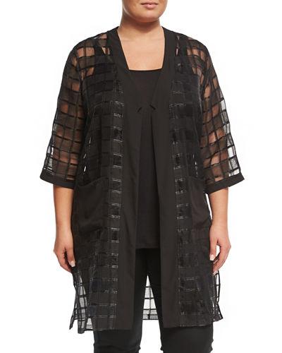 3/4-sleeve Open-front Semisheer Cardigan,