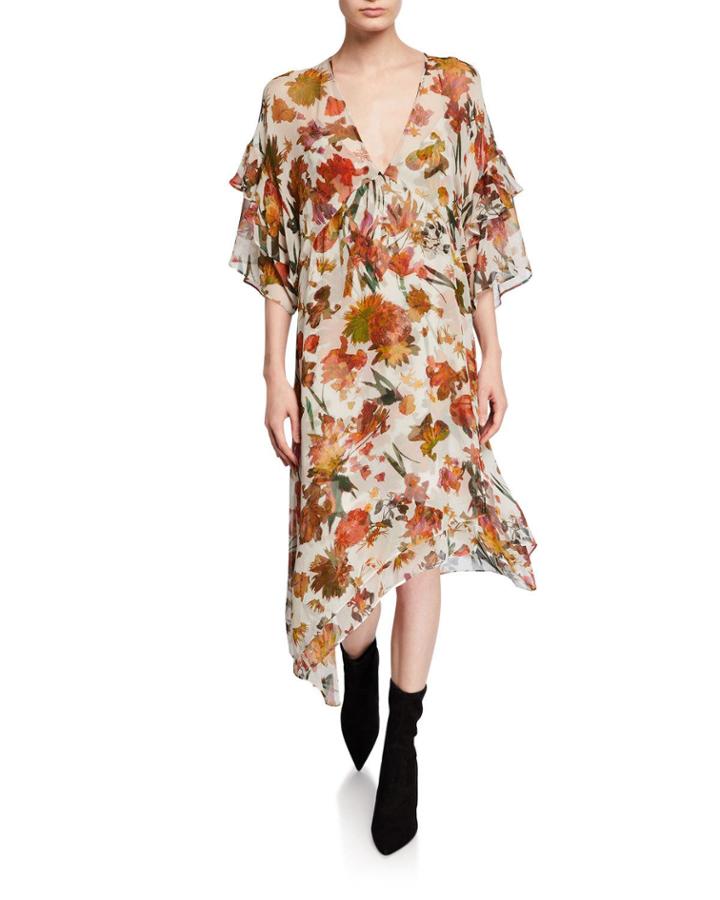 Something Tiered-sleeve Floral-print Asymmetric Dress