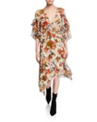 Something Tiered-sleeve Floral-print Asymmetric Dress