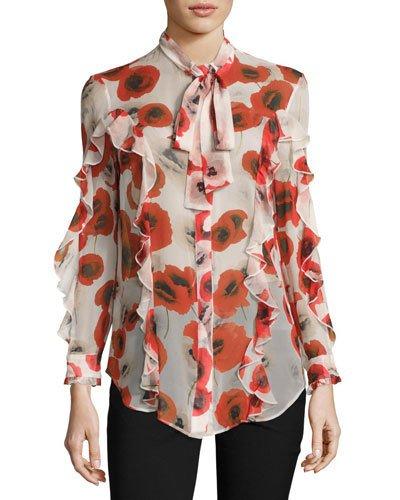 Floral Georgette Ruffle Shirt, Red/off White