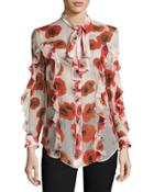 Floral Georgette Ruffle Shirt, Red/off White