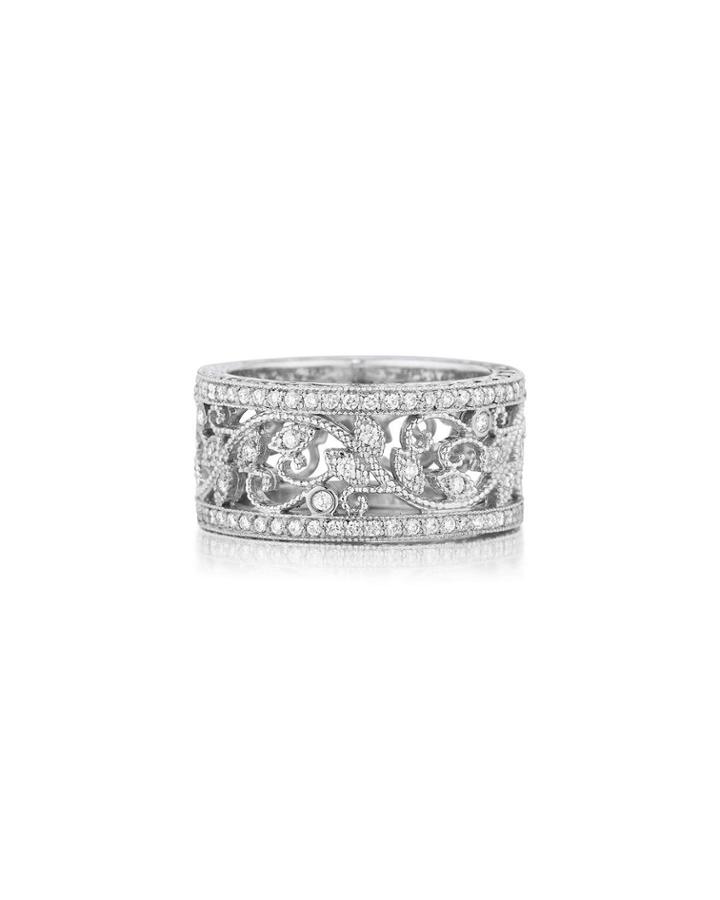 Scroll Leaf Band Ring With Diamond Rails,