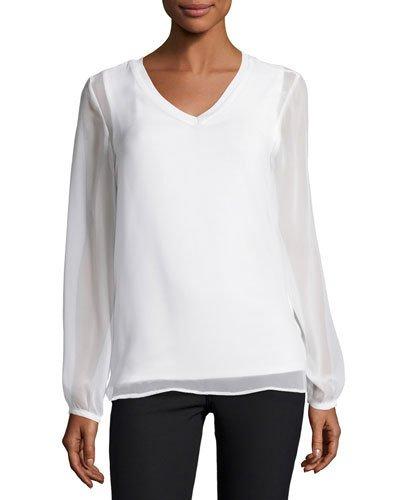 Gathered Long-sleeve V-neck Top, White
