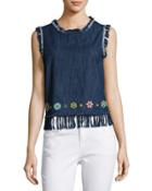 Sleeveless Crossover-back Denim Tank, Dark Blue