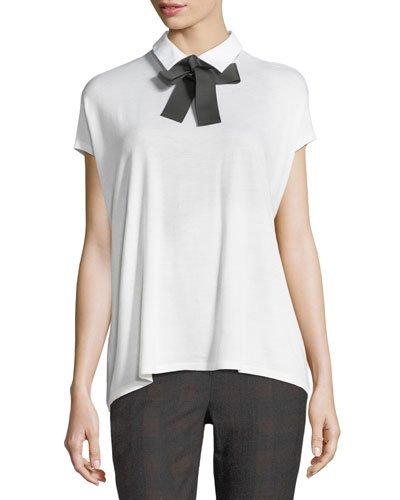 Wool-blend Self-tie Bow Short-sleeve Top