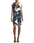 Sleeveless Self-tie Floral-print Dress W/ Draped Back, Ink Crocus