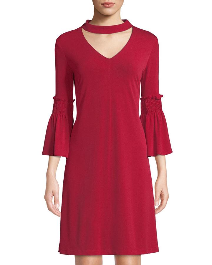 Bell-sleeve Choker-neck A-line Dress