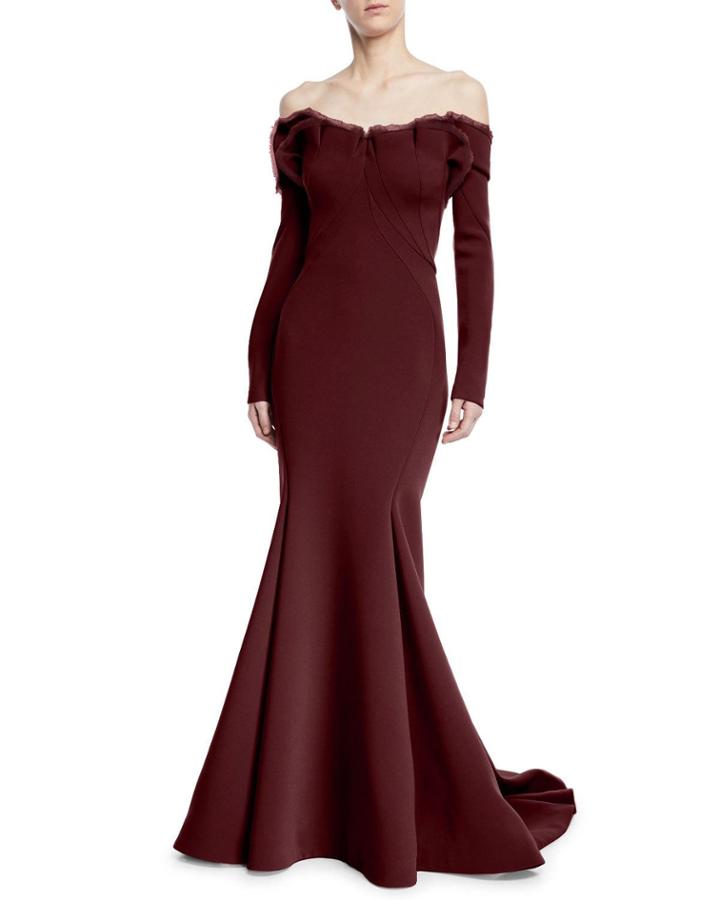 Long-sleeve Off-the-shoulder Gown W/ Train