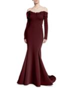 Long-sleeve Off-the-shoulder Gown W/ Train