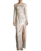 Long-sleeve Sequined Column Gown