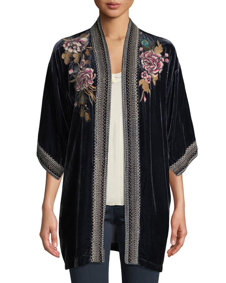 Quito Floral-embroidered Velvet Kimono W/ Border