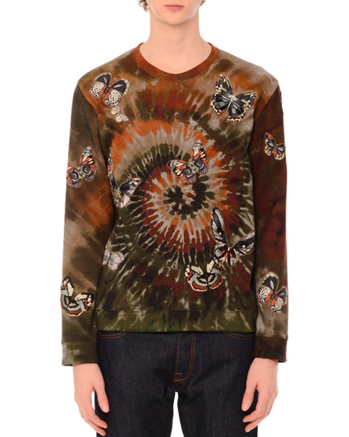 Butterfly-embroidered Long-sleeve Tie-dye T-shirt, Green