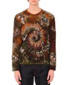 Butterfly-embroidered Long-sleeve Tie-dye T-shirt, Green