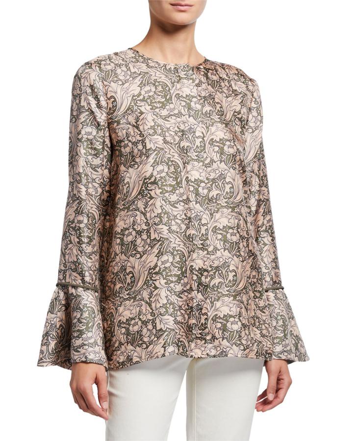 Izzie Arabesque-print Silk Blouse W/ Bell