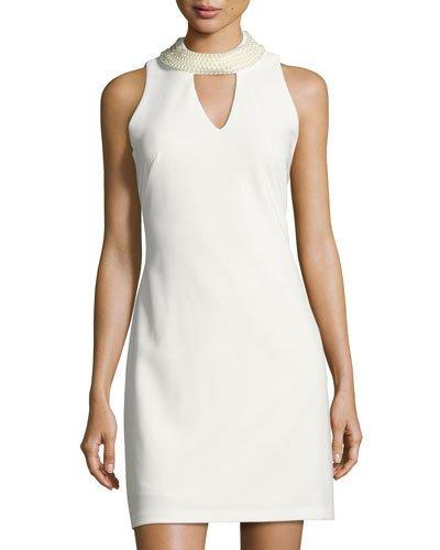 Pearly-trim Keyhole Sleeveless Dress, Ivory