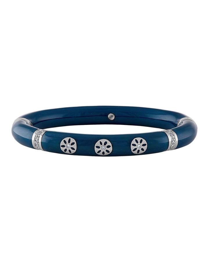 18k White Gold Thin Enamel Bangle W/ Diamonds, Blue