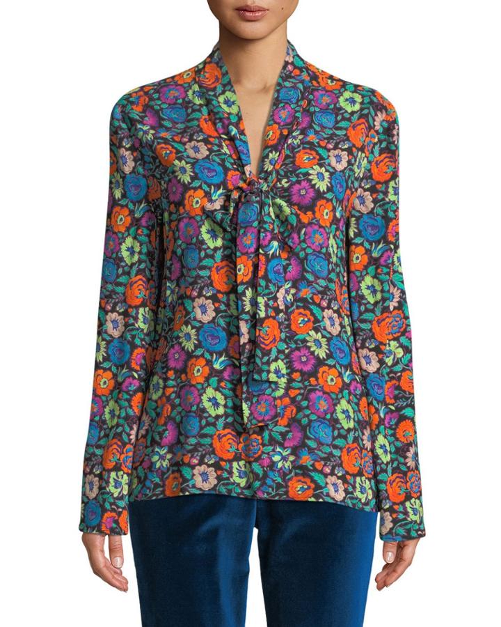 Tie-neck Long-sleeve Multicolor Floral-print Blouse