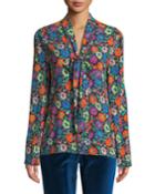 Tie-neck Long-sleeve Multicolor Floral-print Blouse