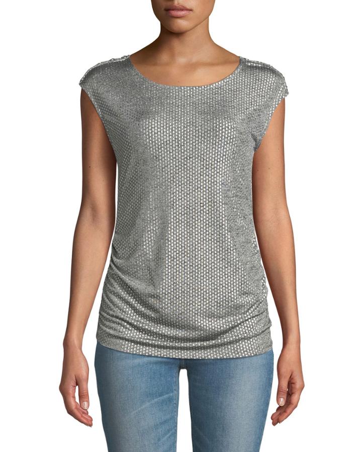 Side-ruched Shimmer-jacquard Sleeveless Blouse
