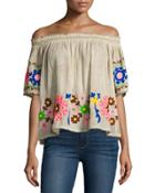 Off-the-shoulder Embroidered Top, Gray