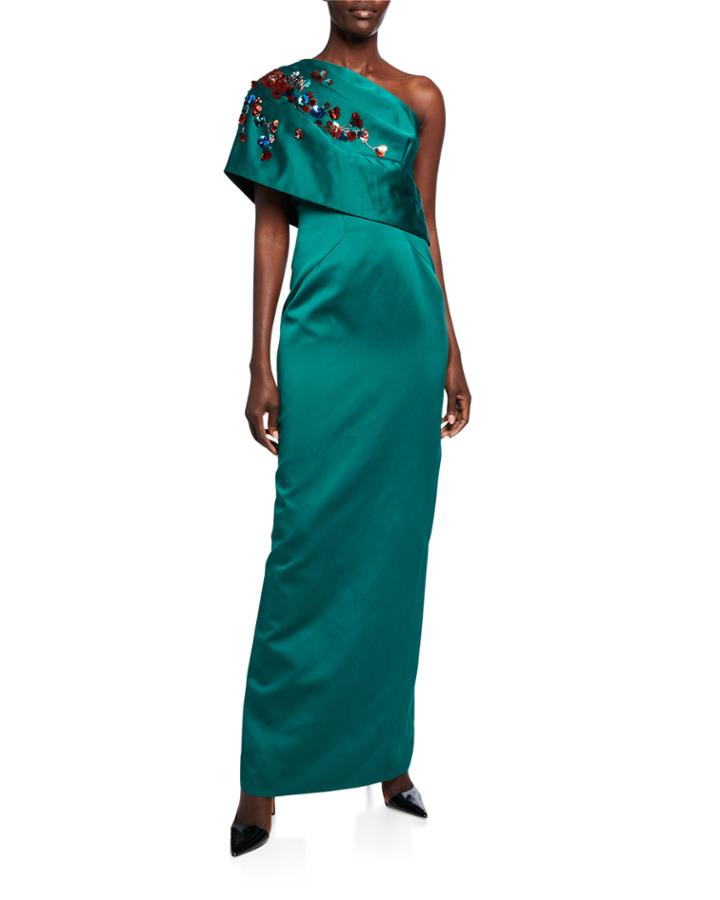One-shoulder Floral-embellished Column Gown