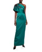 One-shoulder Floral-embellished Column Gown
