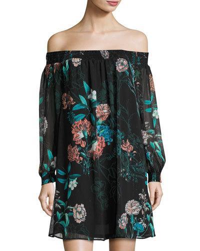 Off-the-shoulder Floral-print Chiffon Dress, Black Pattern