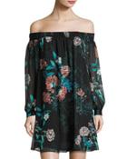 Off-the-shoulder Floral-print Chiffon Dress, Black Pattern