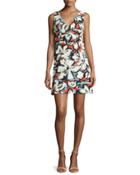 Sleeveless V-neck Gardenia-print Mini Dress,