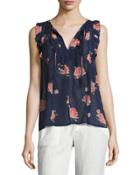 Lea Flocked Floral-print Sleeveless Top, Navy Blue Pattern